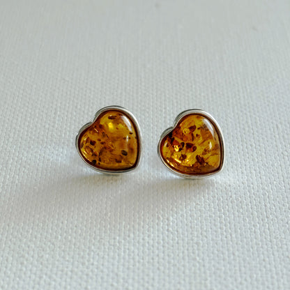 Sterling Silver and Baltic Amber Heart Stud Earrings