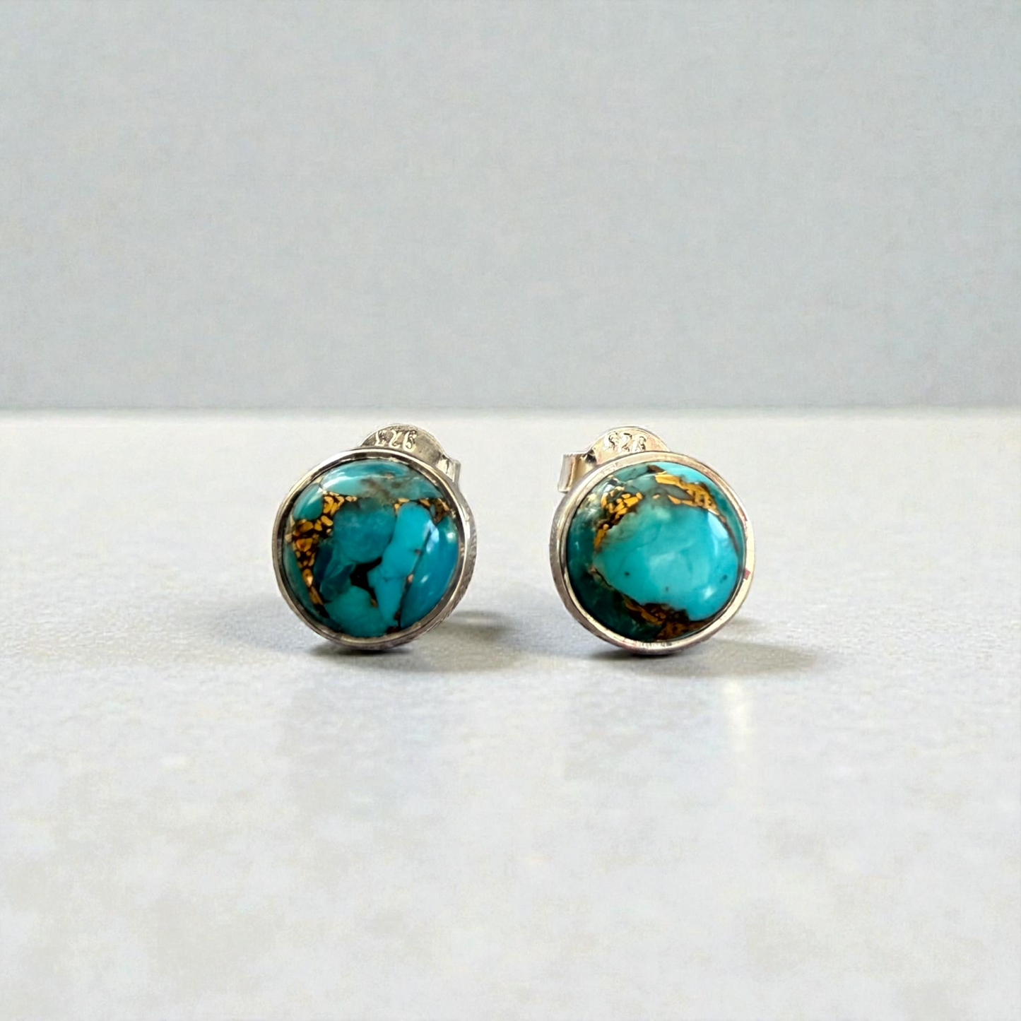 Blue Mohave Round Stud Earrings in 925 Sterling Silver