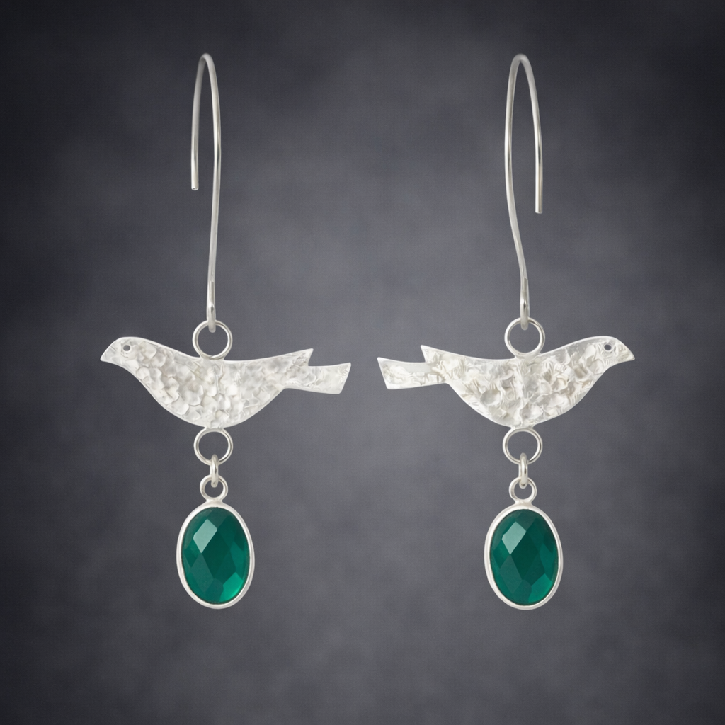 Sterling Silver Green Onyx Bird Dangle Earrings