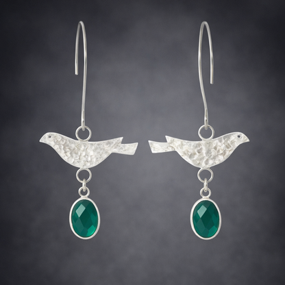 Sterling Silver Green Onyx Bird Dangle Earrings