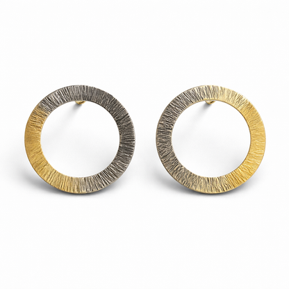 Gold plated and oxidised sterling silver circle earrings.