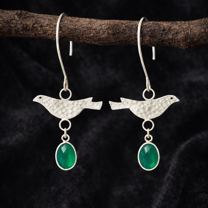 Sterling Silver Green Onyx Bird Dangle Earrings