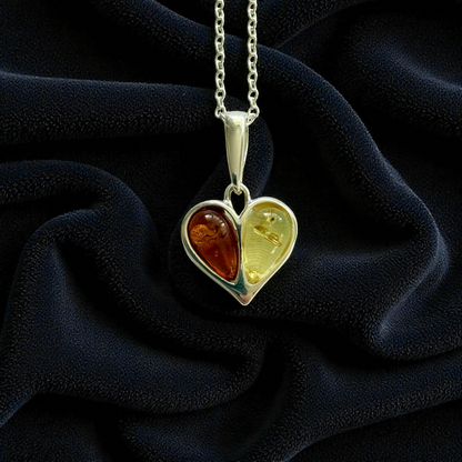 Sterling Silver Baltic Amber Heart Necklace – Yellow & Brown Amber Duo