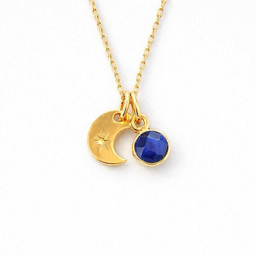 Sapphire, crescent moon, 24k gold vermeil necklace
