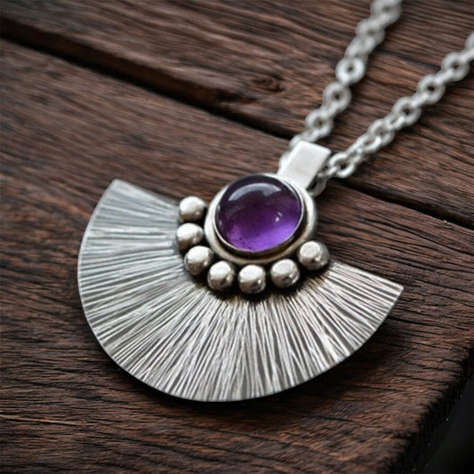 Artisan Amethyst sterling silver fan necklace.