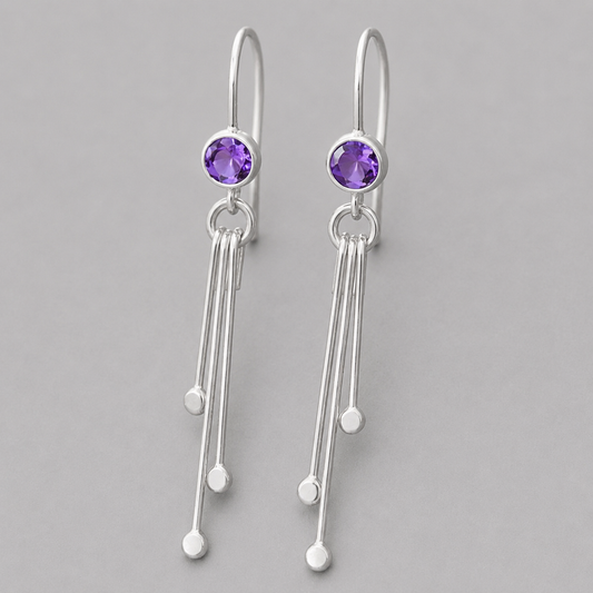 Amethyst birthstone sterling silver dangle earrings.