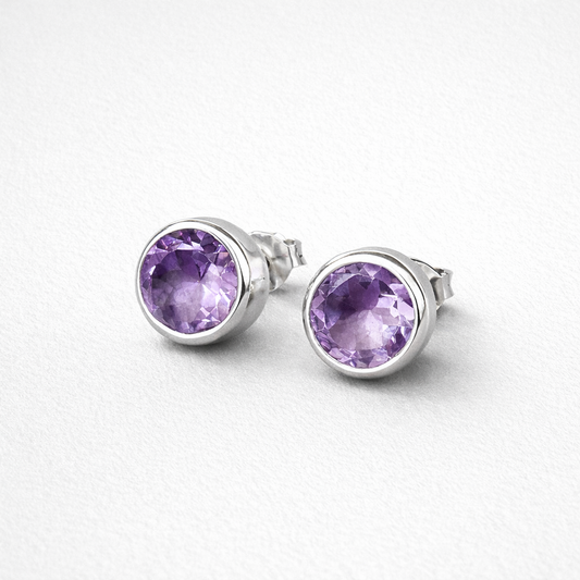 8mm Sterling Silver Amethyst Stud Earrings.