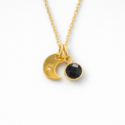 Black onyx and crescent moon charm 24k gold vermeil necklace