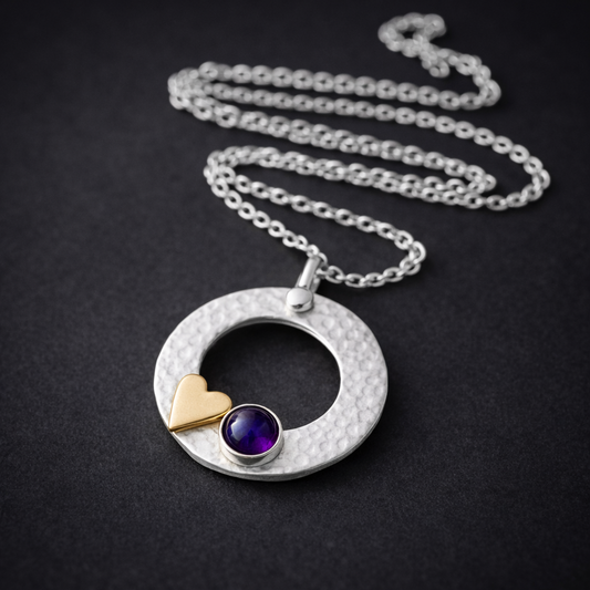 Sterling Silver Amethyst Circle Necklace with Gold Filled Heart – February Birthstone