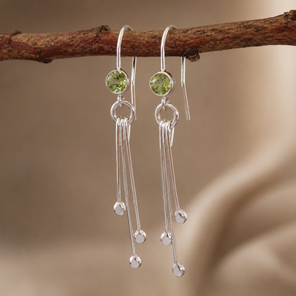Peridot birthstone sterling silver dangle earrings.