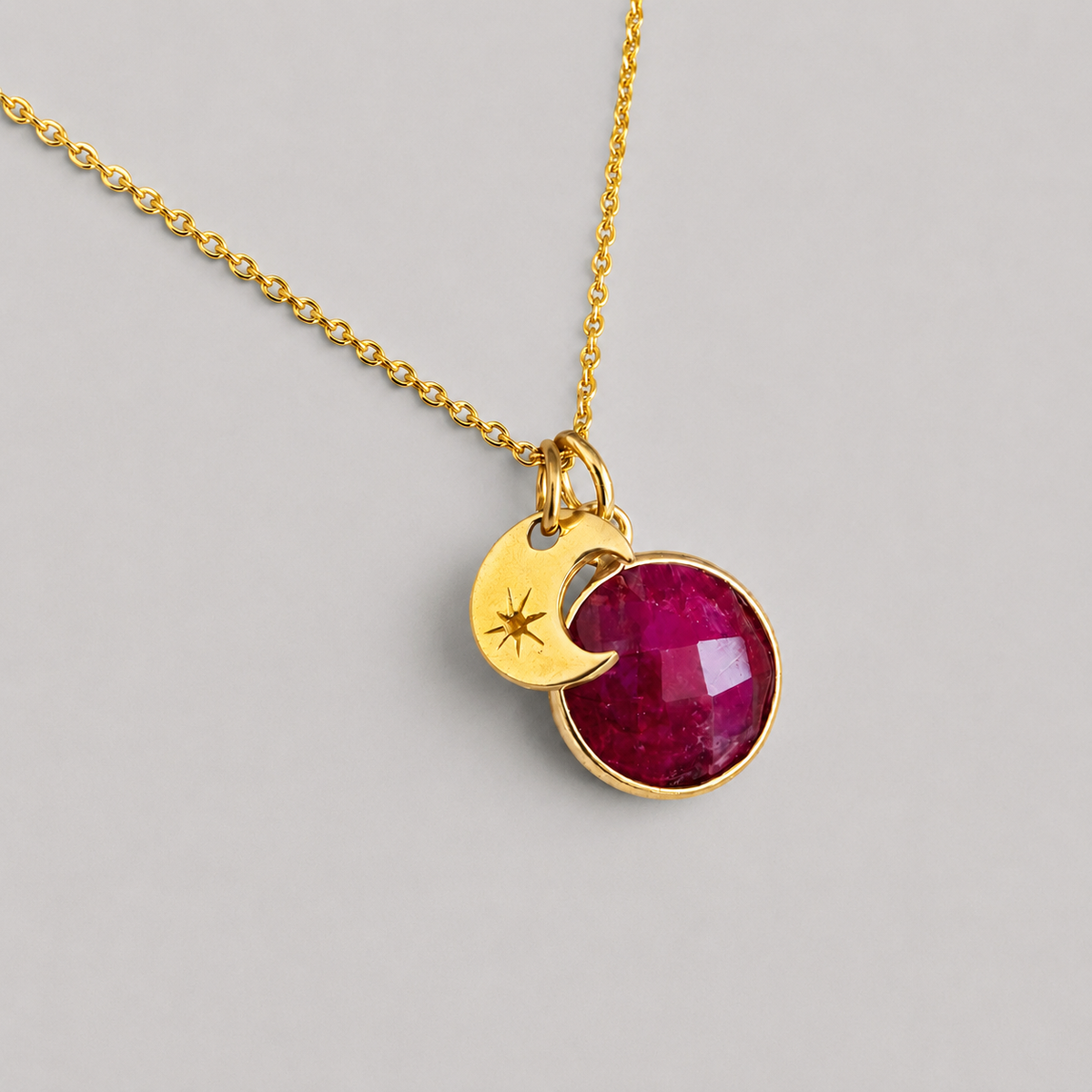 24k Gold Vermeil Ruby and Crescent Moon Necklace