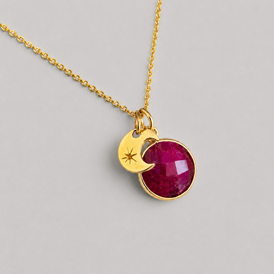 24k Gold Vermeil Ruby and Crescent Moon Necklace