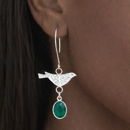 Sterling Silver Green Onyx Bird Dangle Earrings