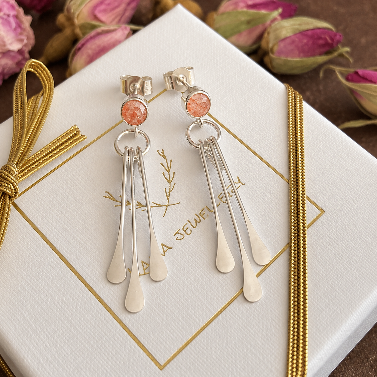 Sterling Silver Sunstone Dangle Earrings | Natural Gemstone