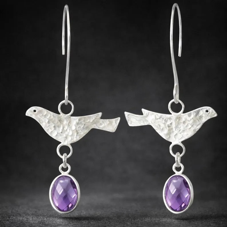 Sterling Silver Bird Amethyst Drop Earrings – Handmade February Birthstone Jewellery