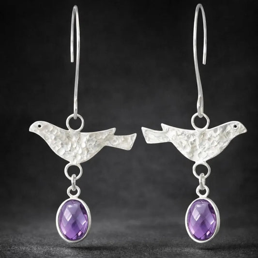 Sterling Silver Bird Amethyst Drop Earrings – Handmade February Birthstone Jewellery
