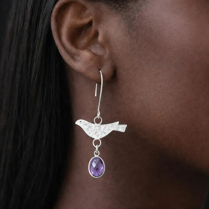 Sterling Silver Bird Amethyst Drop Earrings – Handmade February Birthstone Jewellery