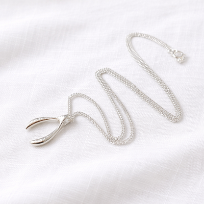 Sterling silver textured wishbone necklace.