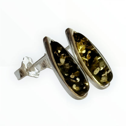 Green Baltic Amber Teardrop Stud Earrings in Sterling Silver