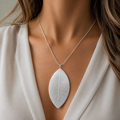 Large sterling silver leaf necklace.