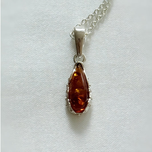 Teardrop Baltic Amber Pendant Necklace in Sterling Silver