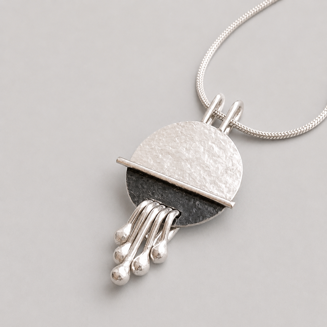 Handmade Sterling Silver Disc Pendant Necklace Textured and Oxidised Finish