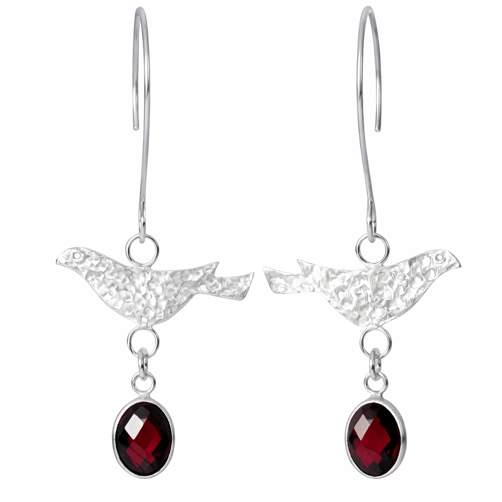 Sterling Silver Bird & Garnet Dangle Earrings
