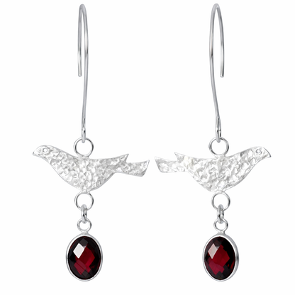 Sterling Silver Bird & Garnet Dangle Earrings