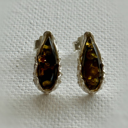 Baltic Green Amber and Sterling Silver Stud Earrings