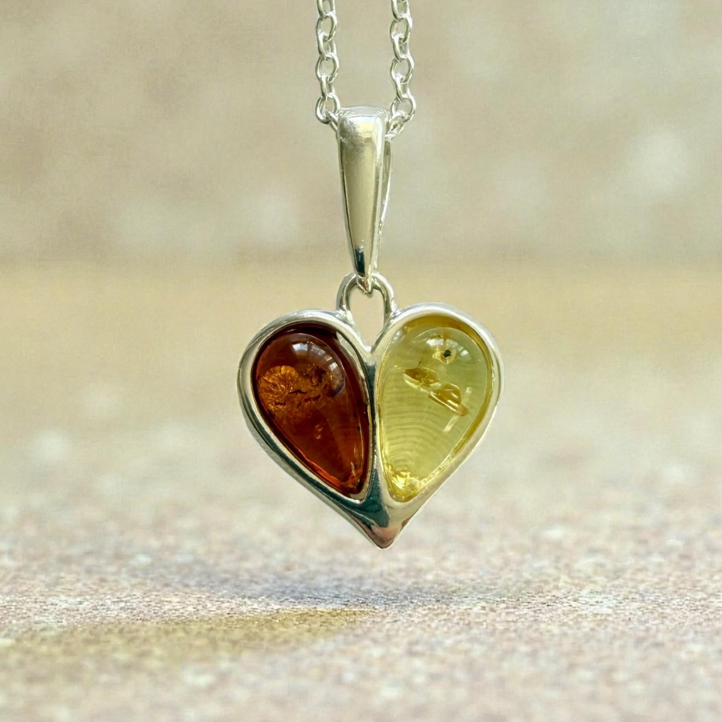 Sterling Silver Baltic Amber Heart Necklace – Yellow & Brown Amber Duo