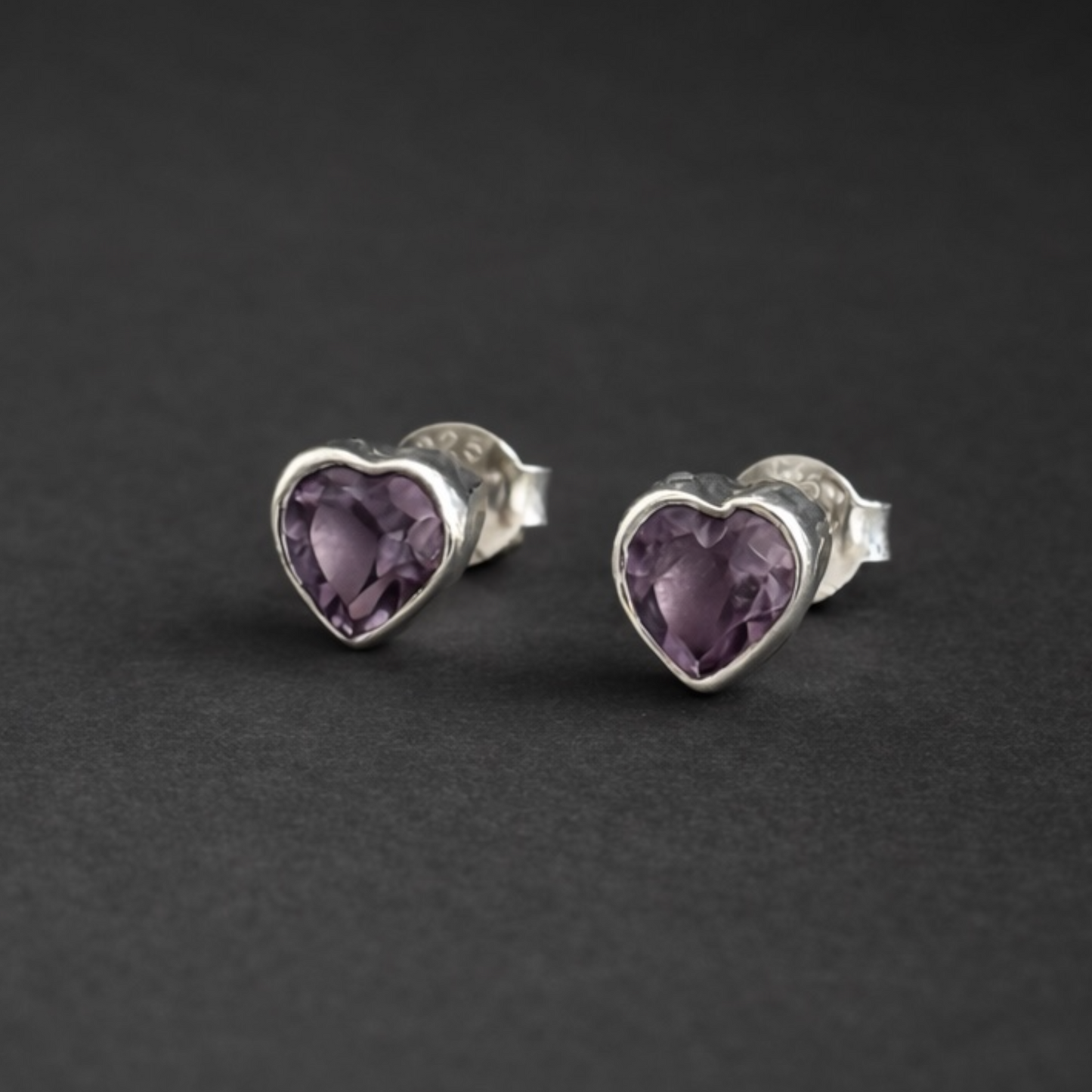 Amethyst Heart Stud Earrings in 925 Sterling Silver