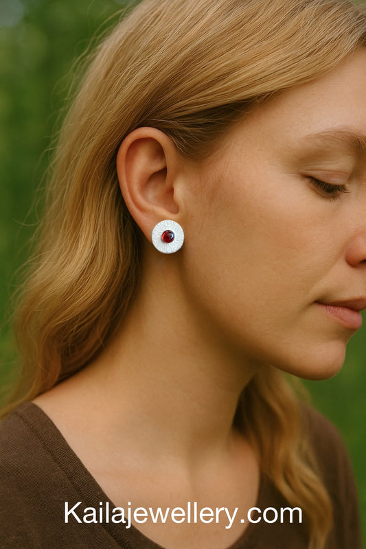 Garnet sterling silver hammered disc stud  earrings.