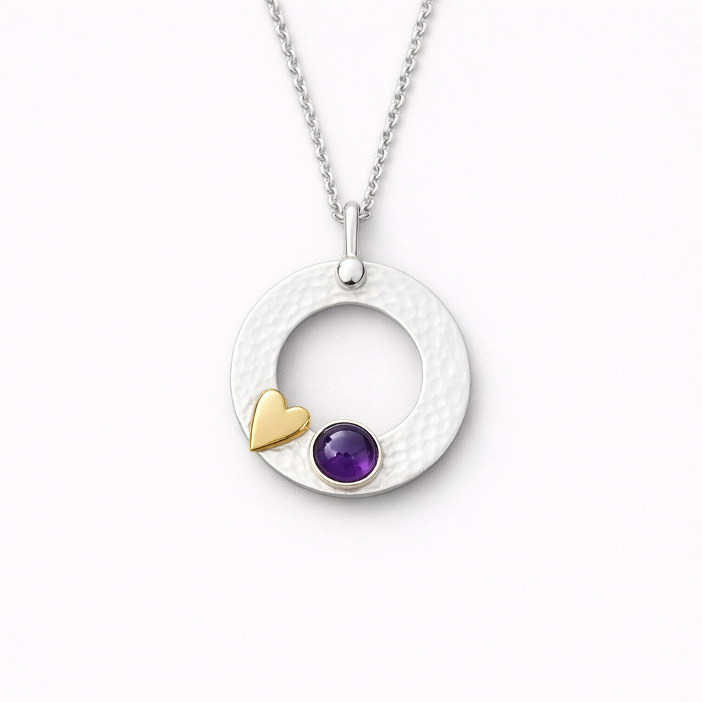 Sterling Silver Amethyst Circle Necklace with Gold Filled Heart – February Birthstone