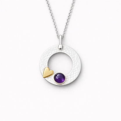 Sterling Silver Amethyst Circle Necklace with Gold Filled Heart – February Birthstone