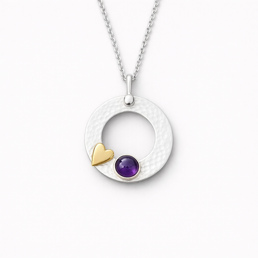 Sterling Silver Amethyst Circle Necklace with Gold Filled Heart – February Birthstone