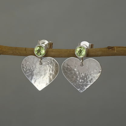 Peridot August birthstone sterling silver heart stud earrings.