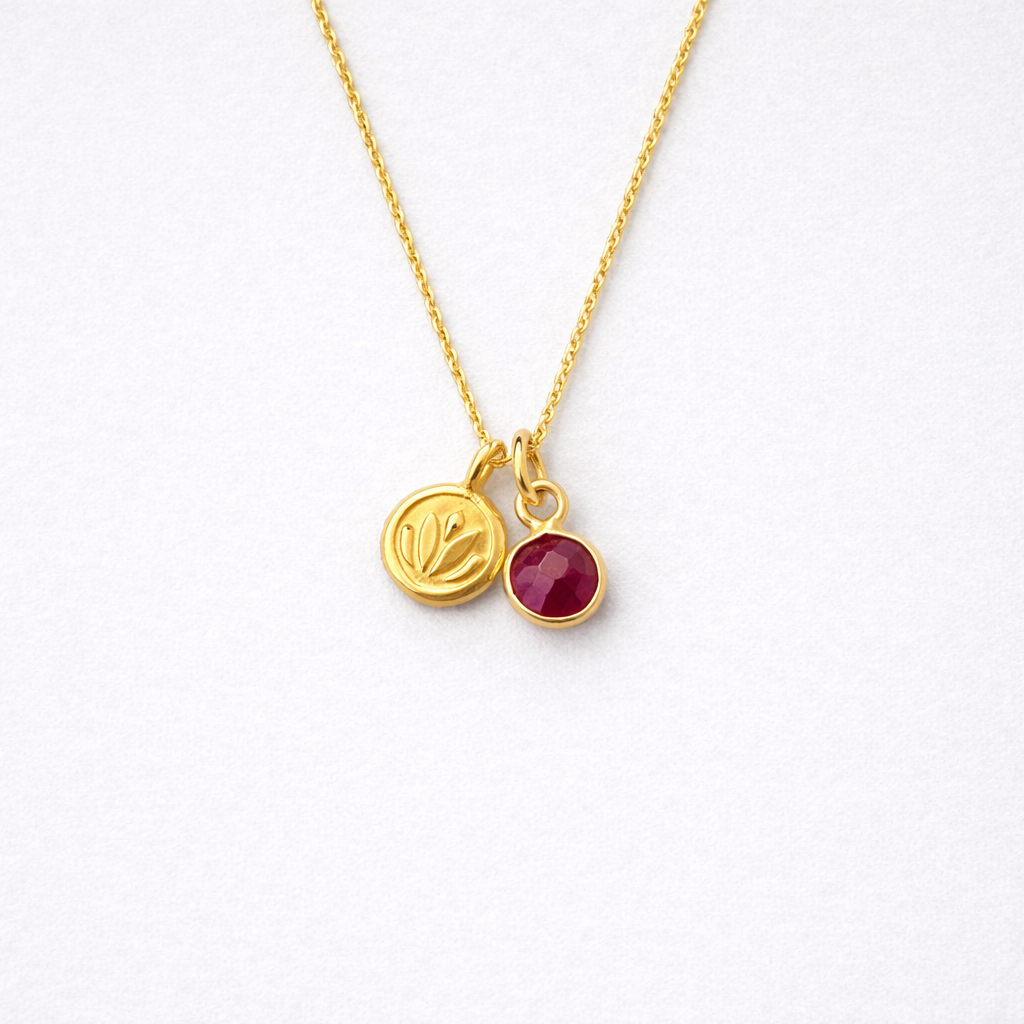 Ruby, lotus charm 24k gold vermeil necklace