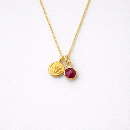 Ruby, lotus charm 24k gold vermeil necklace