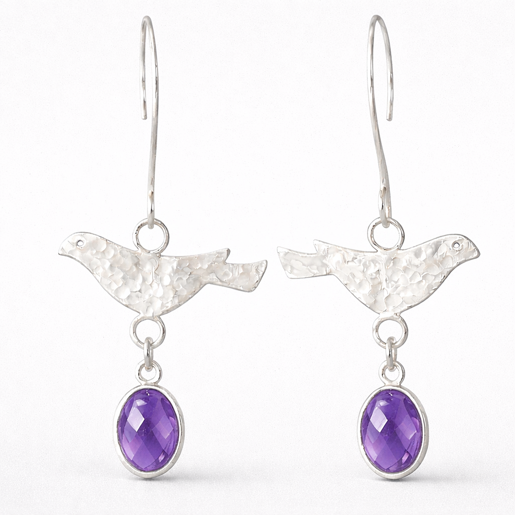 Sterling Silver Bird Amethyst Drop Earrings – Handmade February Birthstone Jewellery
