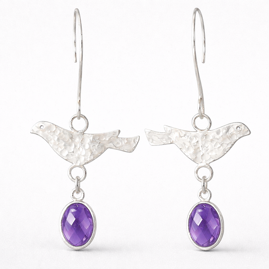 Sterling Silver Bird Amethyst Drop Earrings – Handmade February Birthstone Jewellery