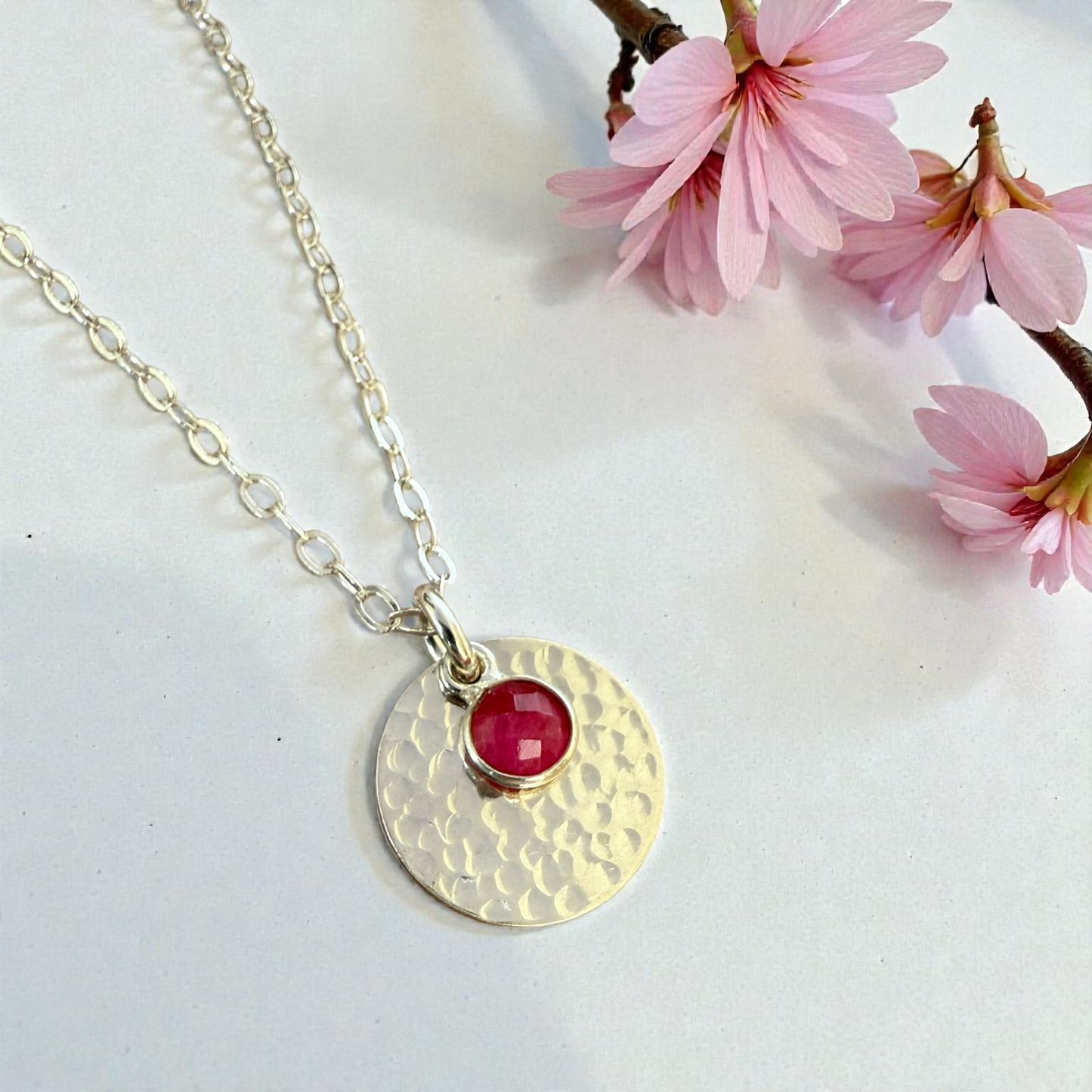 Minimalist Sterling Silver Disc Necklace with Ruby Charm