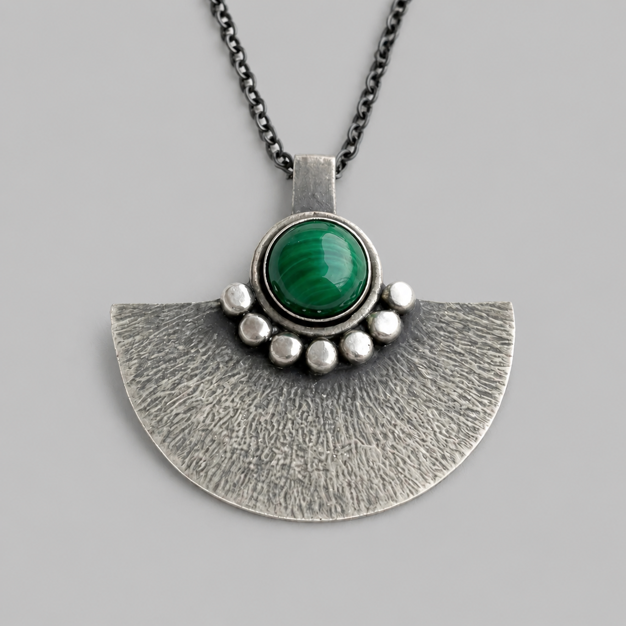 Green malachite sterling silver oxidised fan necklace.