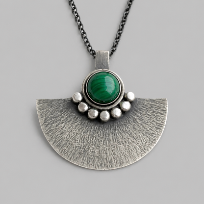 Green malachite sterling silver oxidised fan necklace.