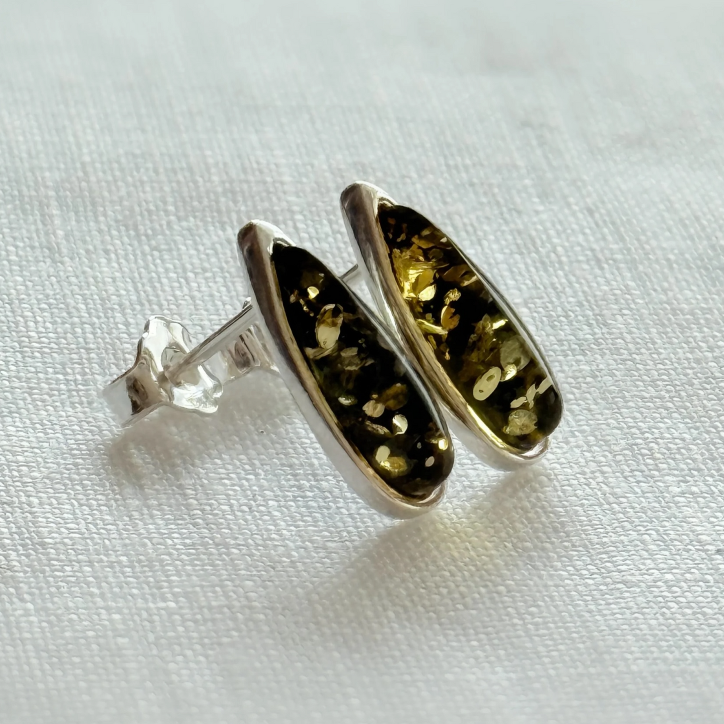 Green Baltic Amber Teardrop Stud Earrings in Sterling Silver