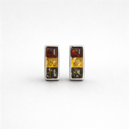 Sterling Silver Stud Earrings with a Trio of Amber Stones