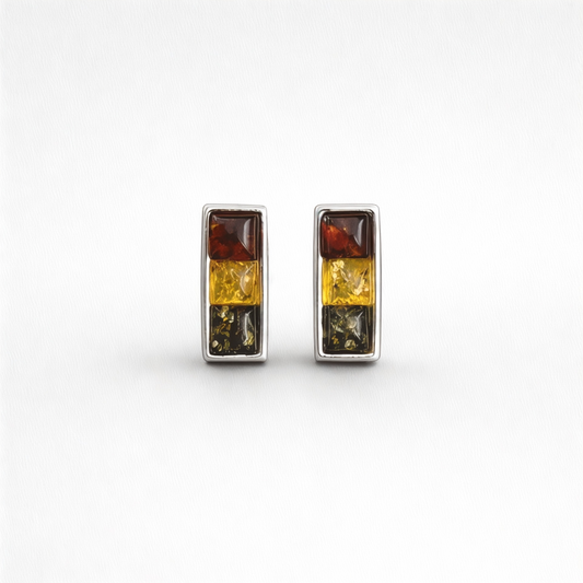 Sterling Silver Stud Earrings with a Trio of Amber Stones
