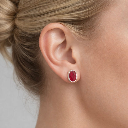 Ruby Quartz Stud Earrings – Oval 6x8mm Sterling Silver Stud Earrings – Minimalist Red Gemstone Earrings