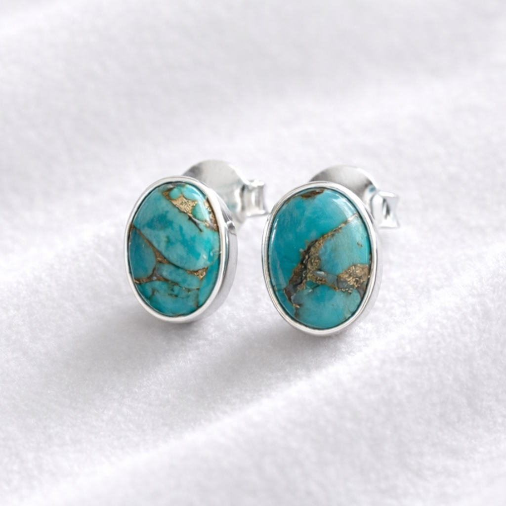Blue Mohave Turquoise Oval Stud Earrings in 925 Sterling Silver – 6x8mm Turquoise Studs