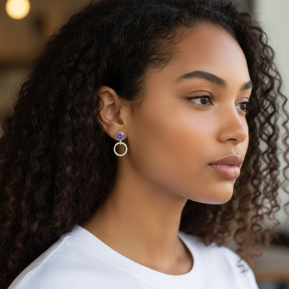 Sterling Silver Birthstone Hammered Circle Stud Earrings