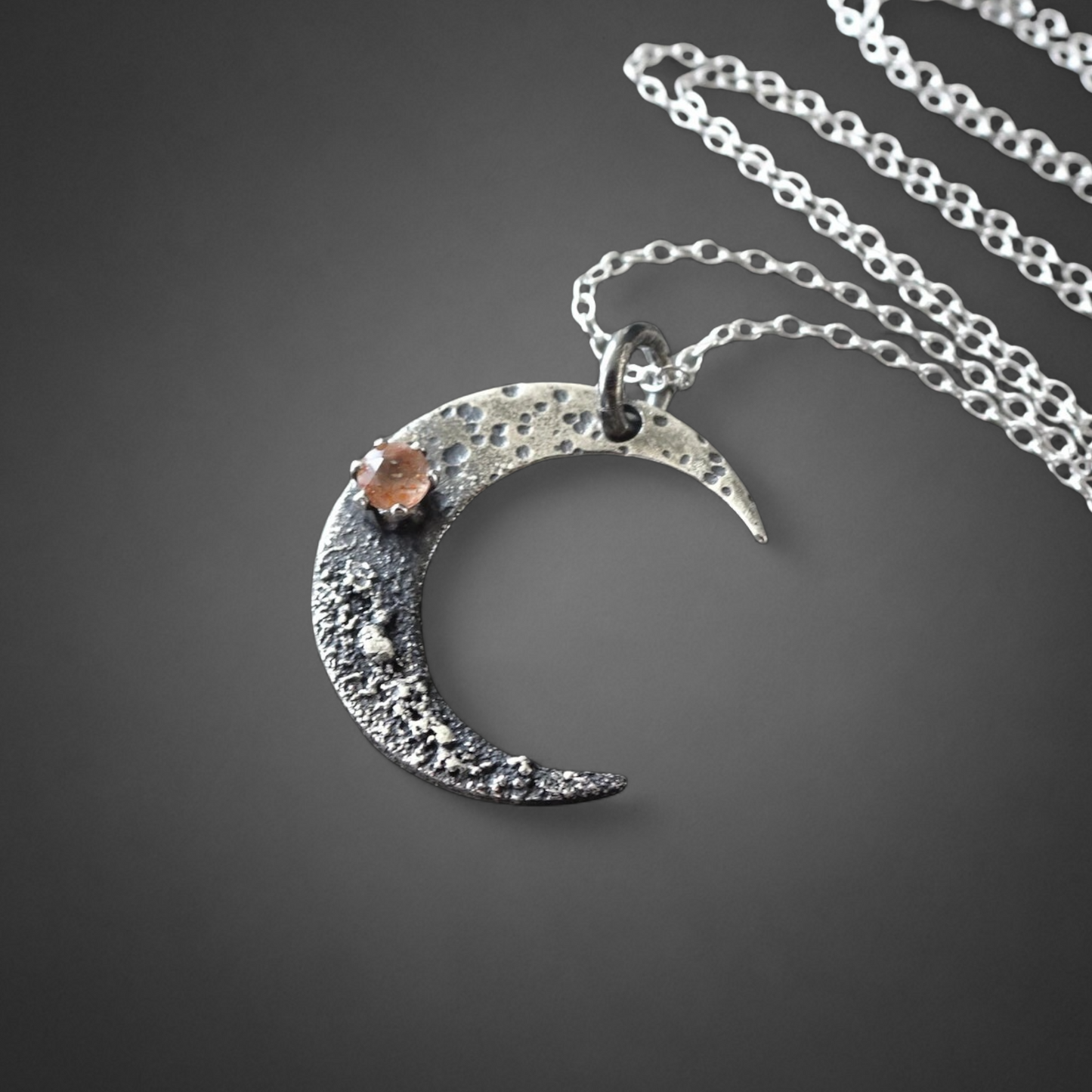 Sunstone crescent moon oxidised sterling silver necklace